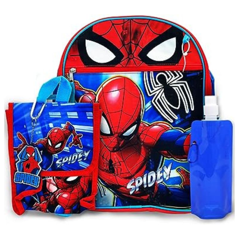 Spiderman Backpack with Lunch Bag 2-Key Chains Water Bottle - 5 Piece Kids School Backpack Set - Boys Girls Shoulder Book Bag Printed Marvel