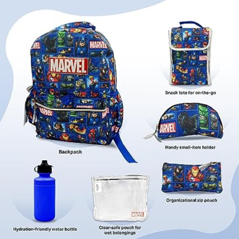 Marvel Backpack for Boys 4-8 Years, 6 Piece Set, Kids Backpack with Lunch Box, Ideal for Back to School & Elementary Age