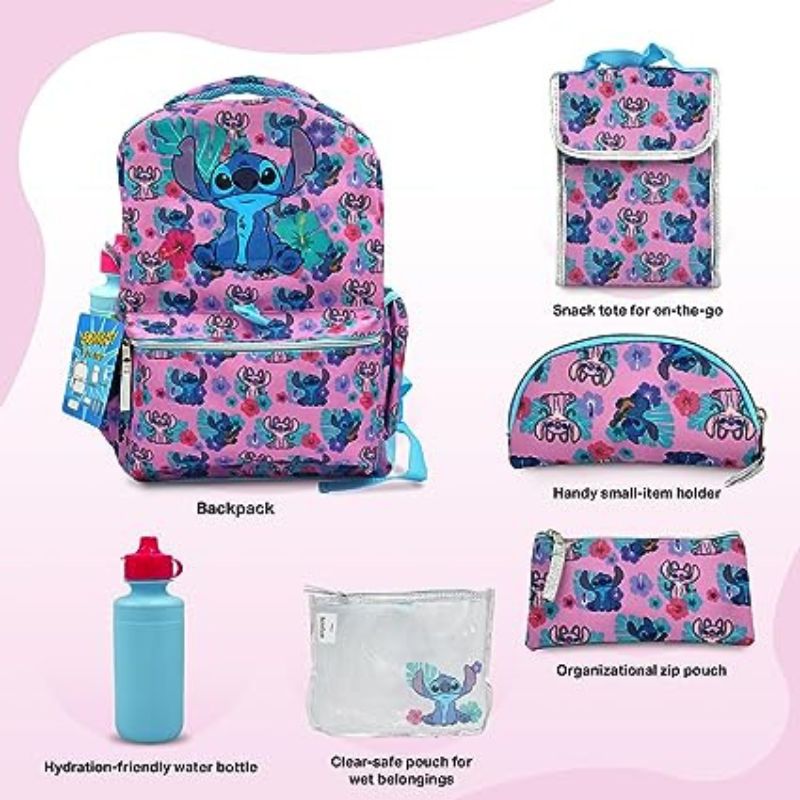 Fast Forward Lilo and Stitch Backpack for Girls - 6-Piece Set, Perfect for School, Stitch Book Bag with Lunch Box, Perfect for Back to School & Elementary Age Girls