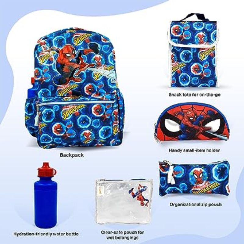 Fast Forward Spiderman Backpack for Boys - 6 Piece Set - Spiderman Backpack with Lunch Box, Perfect for Back to School & Elementary Age