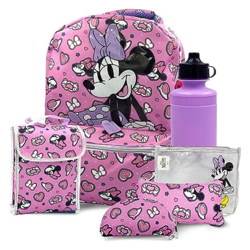 Fast Forward Minnie Mouse Backpack with Lunch Box - 6-Piece Set, Minnie Mouse Bookbag, Perfect for Back to School & Elementary Age Girls