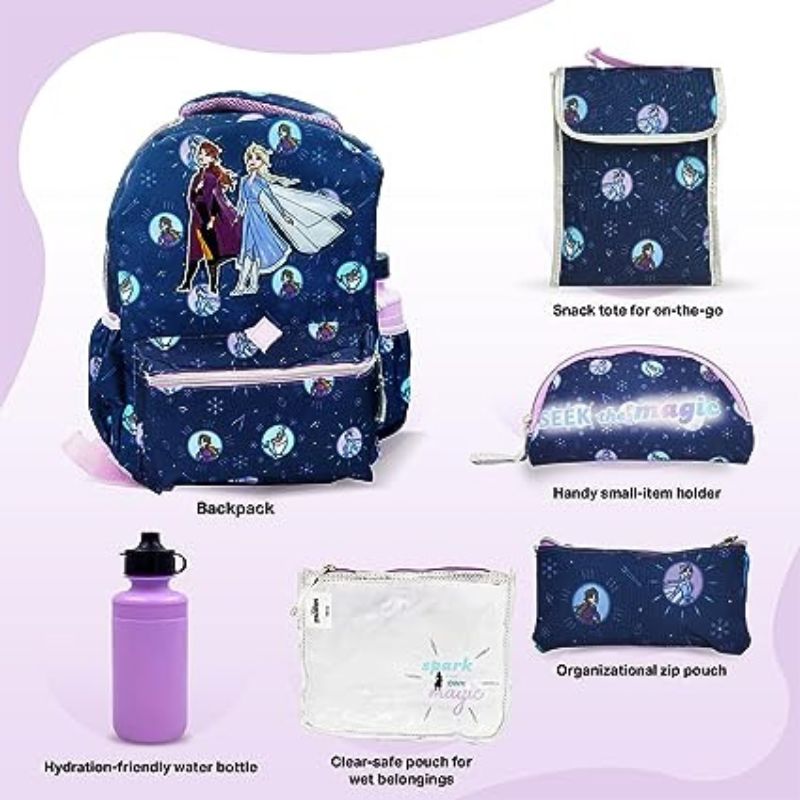 Disney Frozen Backpack for Girls - 6 Piece Set, Frozen Bookbag with Lunch Box, Perfect for Back to School & Elementary Age Girls