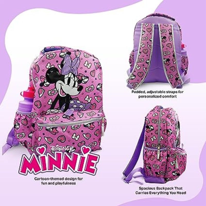 Fast Forward Minnie Mouse Backpack with Lunch Box - 6-Piece Set, Minnie Mouse Bookbag, Perfect for Back to School & Elementary Age Girls