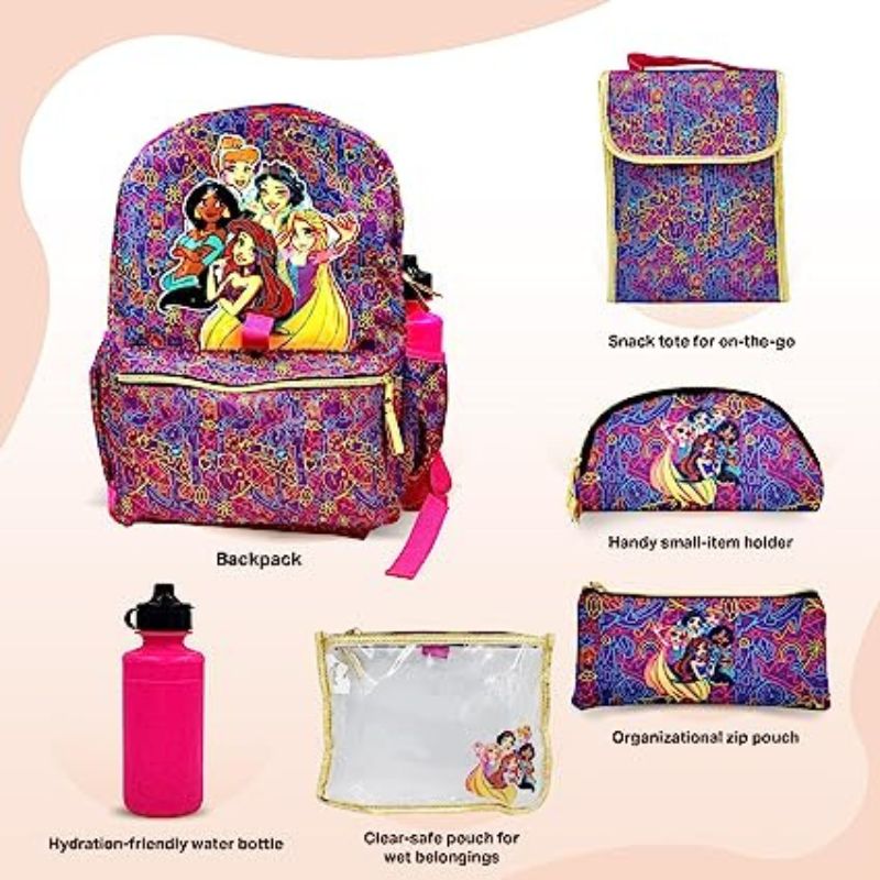 Disney Princess Backpack for Girls - 6-Piece Set, Princess Bookbag with Lunch Box, Ideal for Back to School & Elementary Age Girls
