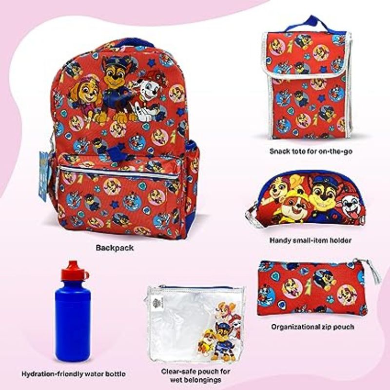 Fast Forward Paw Patrol School Backpack - Complete 6-piece Set for Kids, Paw Patrol Book Bag with Lunch Box, Perfect for Back to School & Elementary Age