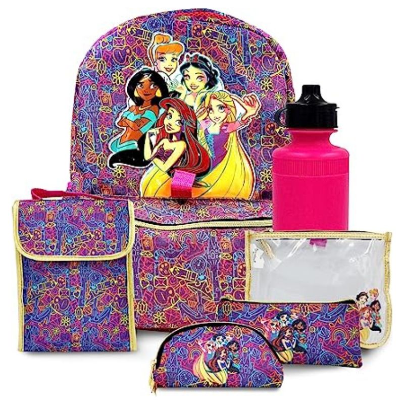 Disney Princess Backpack for Girls - 6-Piece Set, Princess Bookbag with Lunch Box, Ideal for Back to School & Elementary Age Girls
