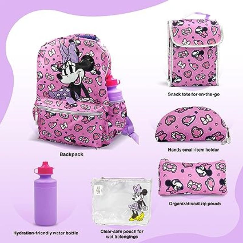 Fast Forward Minnie Mouse Backpack with Lunch Box - 6-Piece Set, Minnie Mouse Bookbag, Perfect for Back to School & Elementary Age Girls