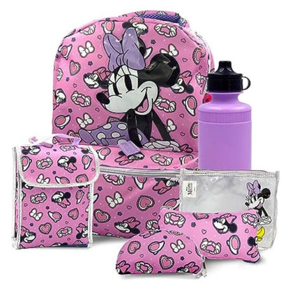 Fast Forward Minnie Mouse Backpack with Lunch Box - 6-Piece Set, Minnie Mouse Bookbag, Perfect for Back to School & Elementary Age Girls