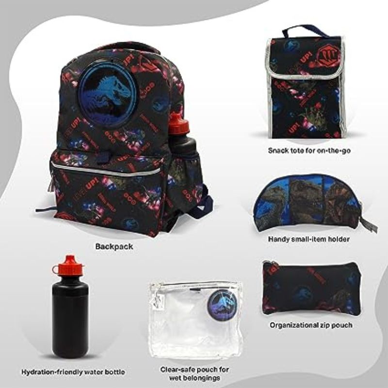 Fast Forward Jurassic Park Backpack for kids - 6 pieces Set, Dinosaur Backpack with Lunch Box, Perfect for Back to School & Elementary Age Boys