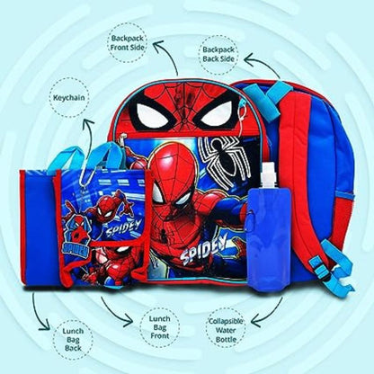 Spiderman Backpack with Lunch Bag 2-Key Chains Water Bottle - 5 Piece Kids School Backpack Set - Boys Girls Shoulder Book Bag Printed Marvel Superhero Spiderman