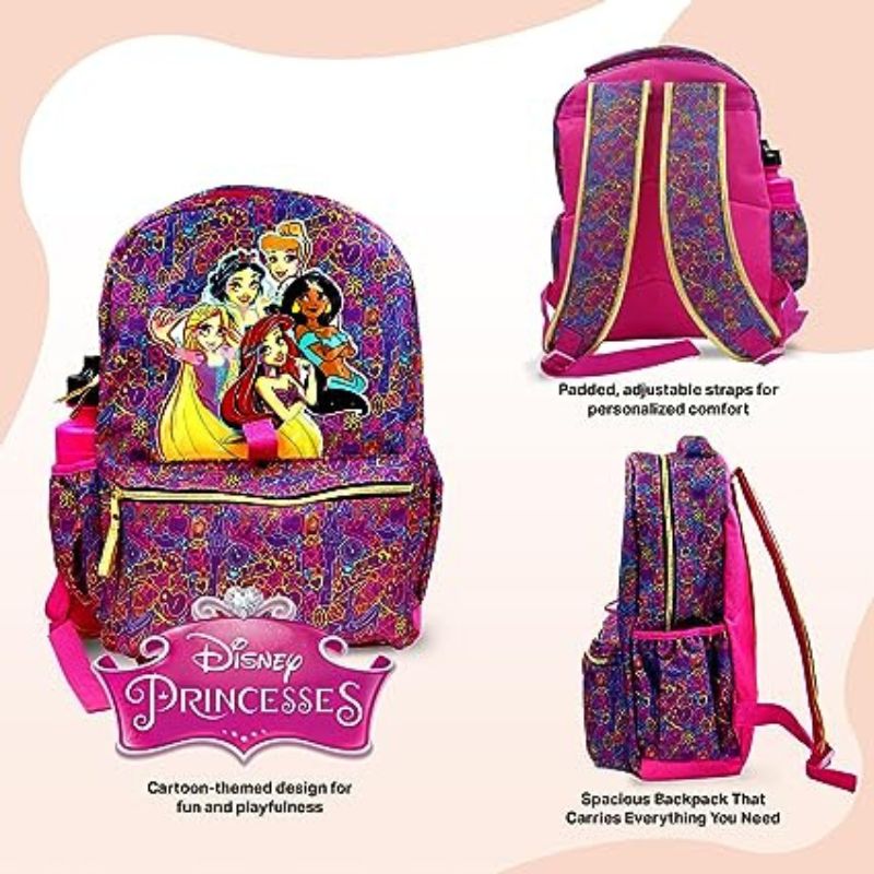 Disney Princess Backpack for Girls - 6-Piece Set, Princess Bookbag with Lunch Box, Ideal for Back to School & Elementary Age Girls